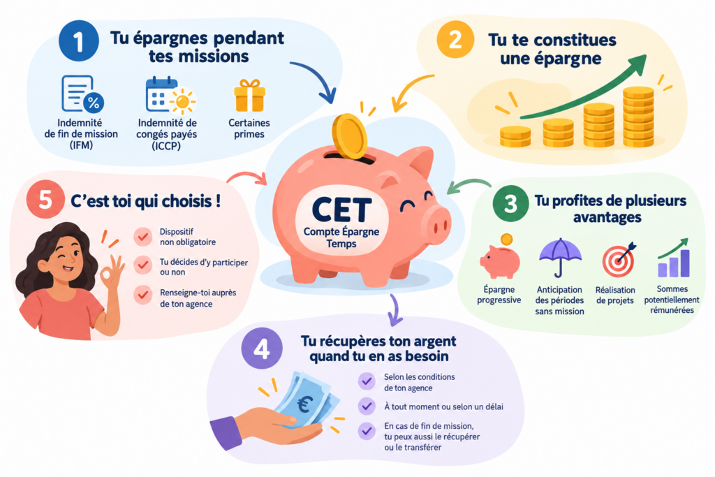 Infographie illustrant le fonctionnement du Compte Épargne Temps (CET) en intérim. Une tirelire centrale est entourée de cinq étapes : épargner ses indemnités et primes, constituer une épargne, profiter de ses avantages, récupérer son argent selon les conditions prévues et choisir librement d'y participer.